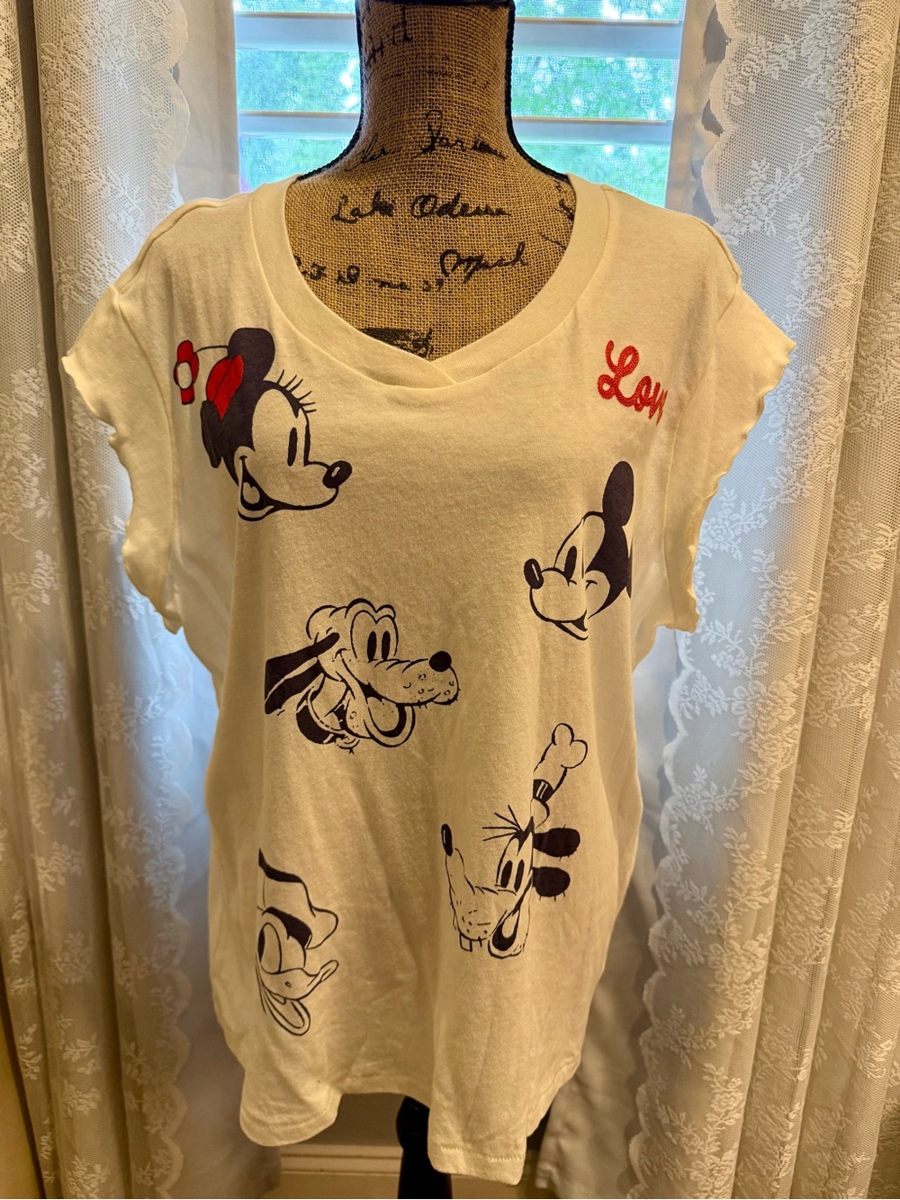 Disney Cream Tee with Classic Character Faces and Red Accents w/ruffle sleeves